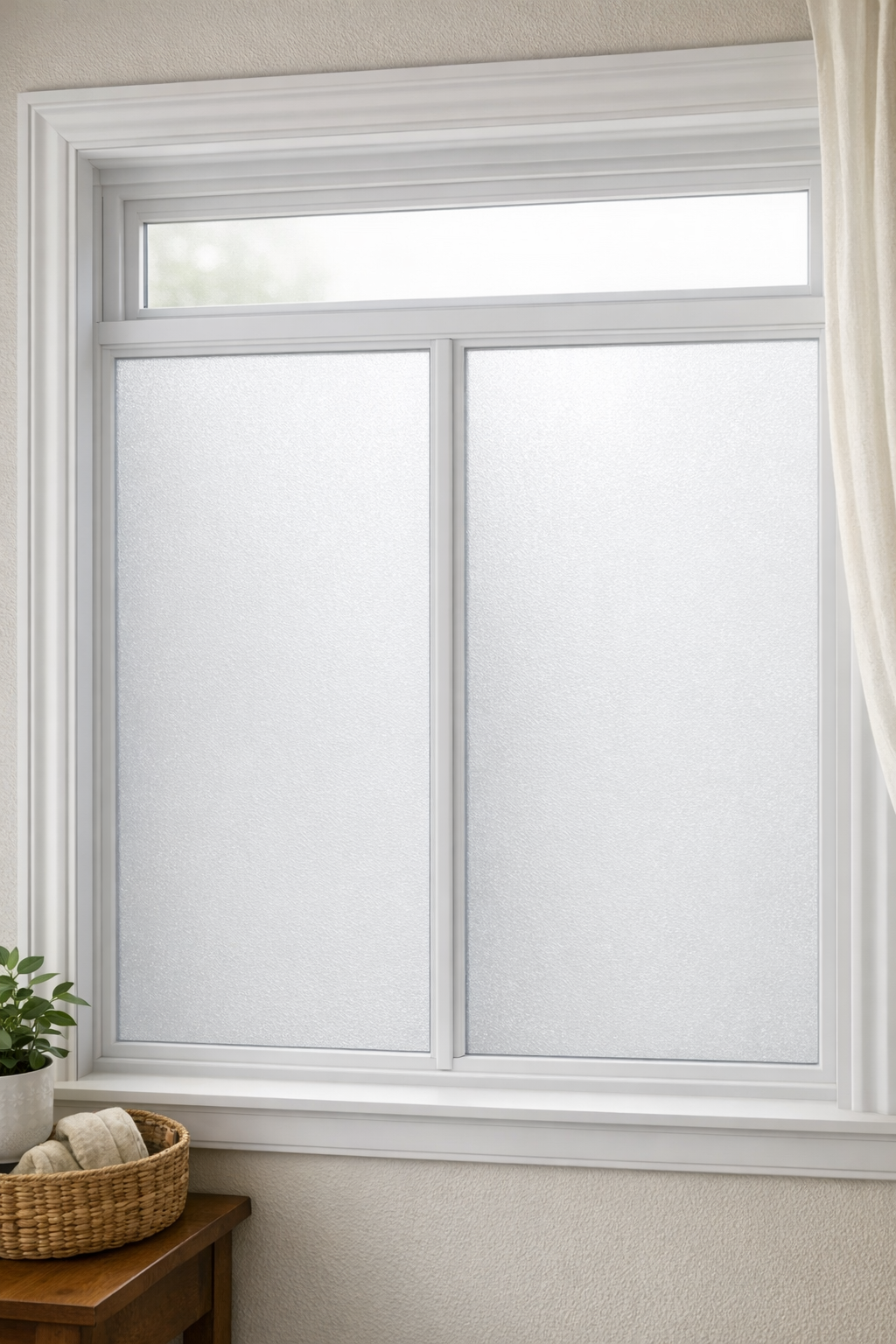 Finished frosted window privacy panels mounted on a window