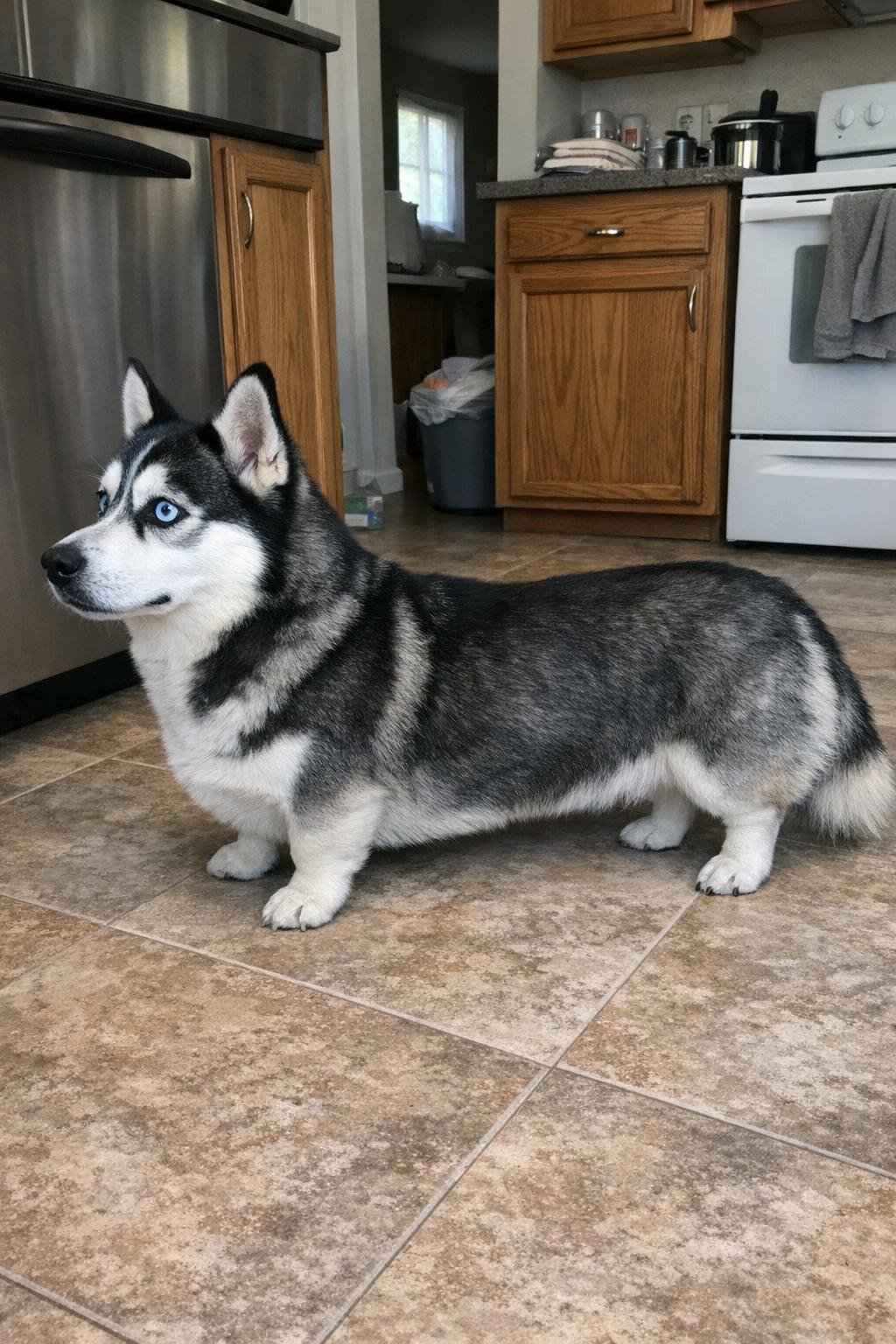 A dog with a Husky face and blue eyes on a long low body with very short legs