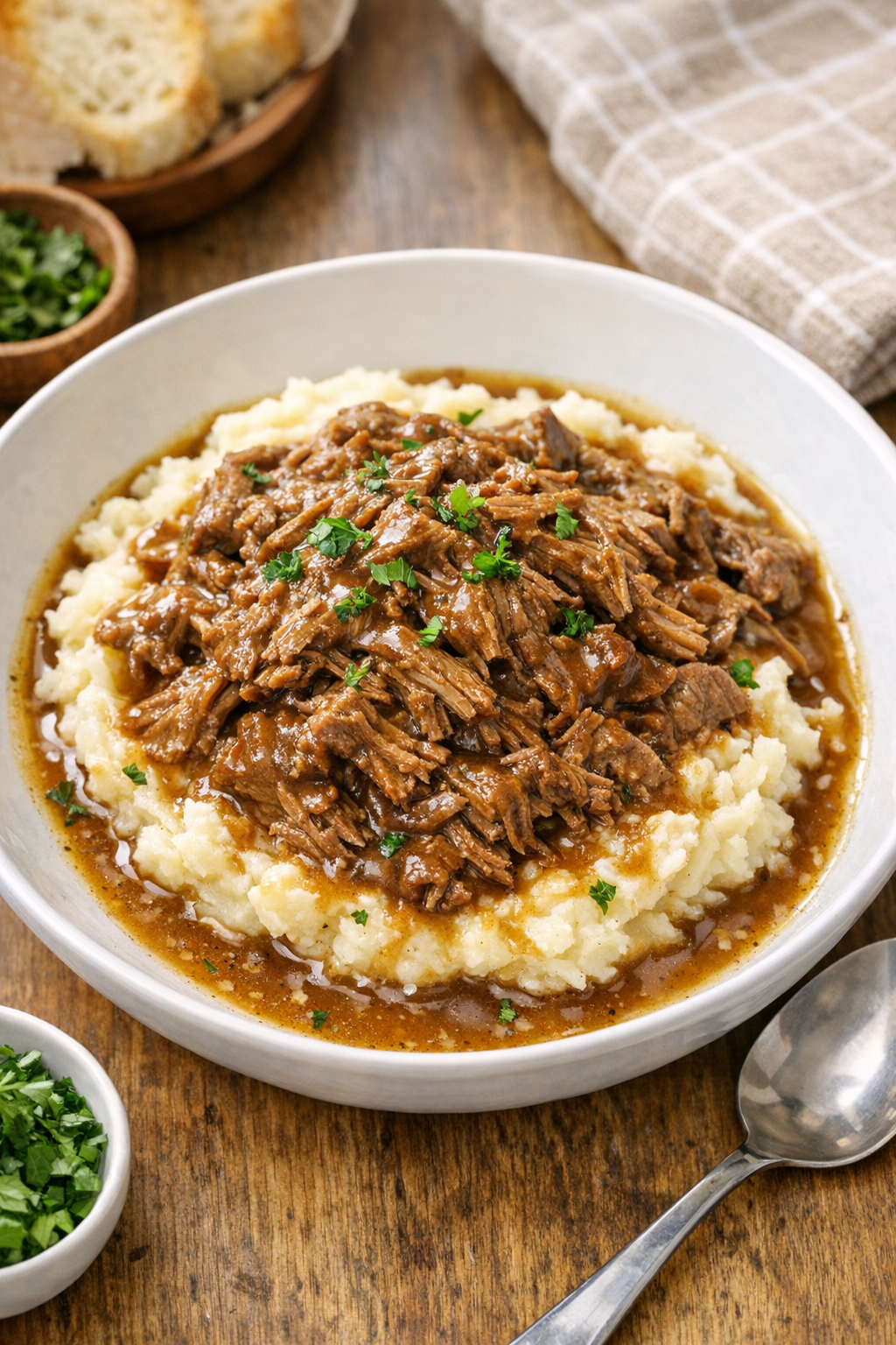 Finished slow cooker shaved beef served over mashed potatoes