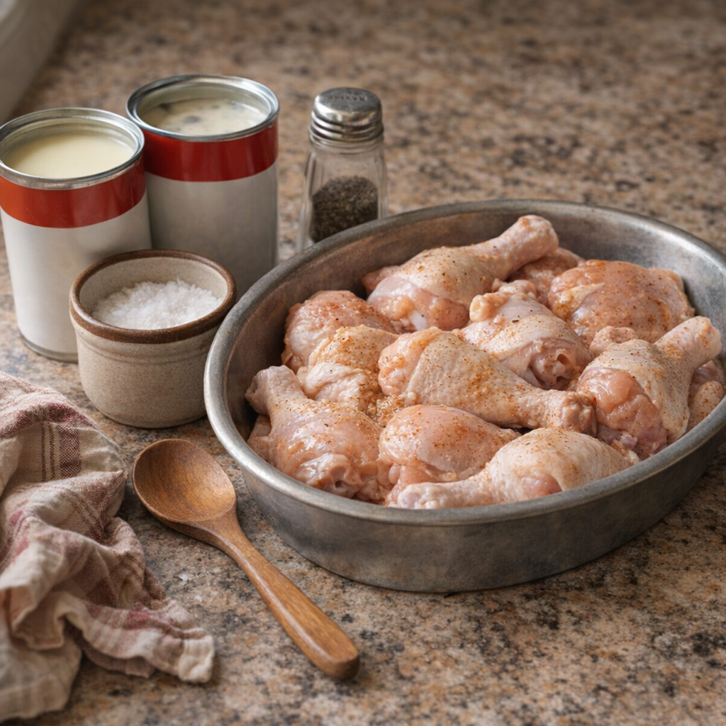 Simple ingredients for chicken fricassee on a farmhouse counter