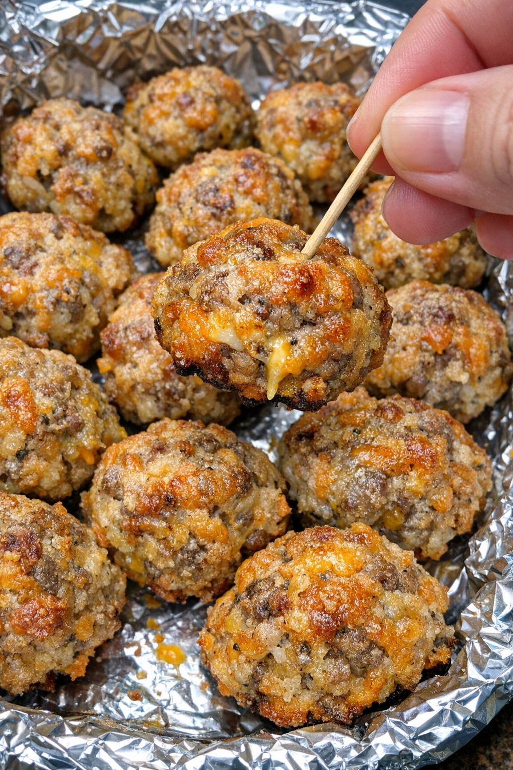 Close up of sausage falkner balls on a foil-lined platter