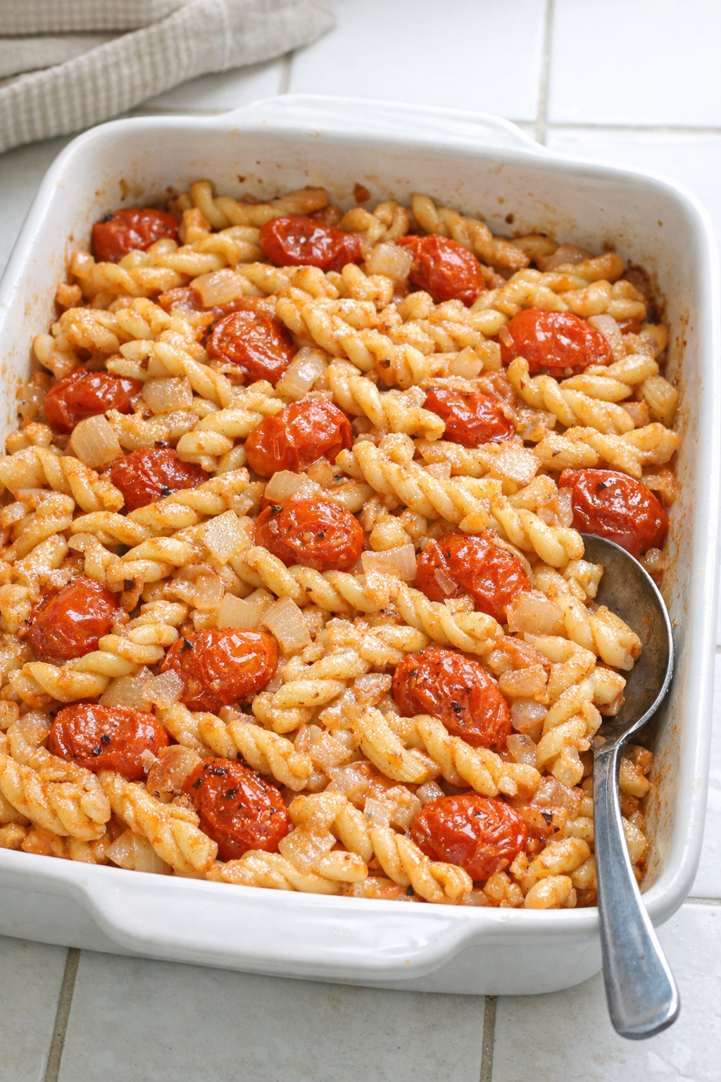 Finished baked cherry tomato gemelli pasta in a ceramic casserole dish