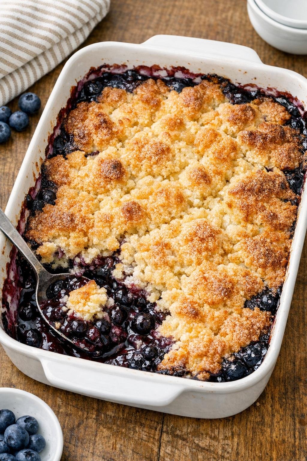 Baked blueberry cobbler in a dish with golden topping