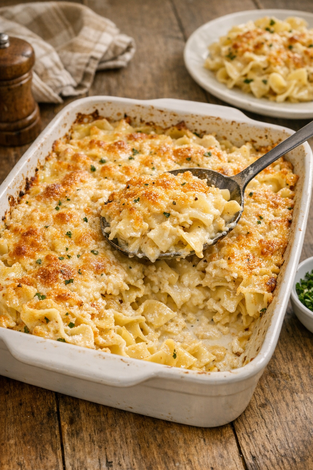Finished baked sour cream noodle casserole in a rustic baking dish