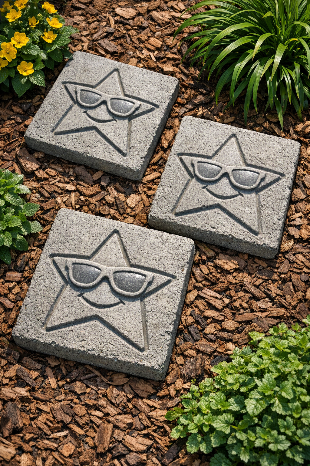 Finished embossed cement yard slabs with star sunglasses design