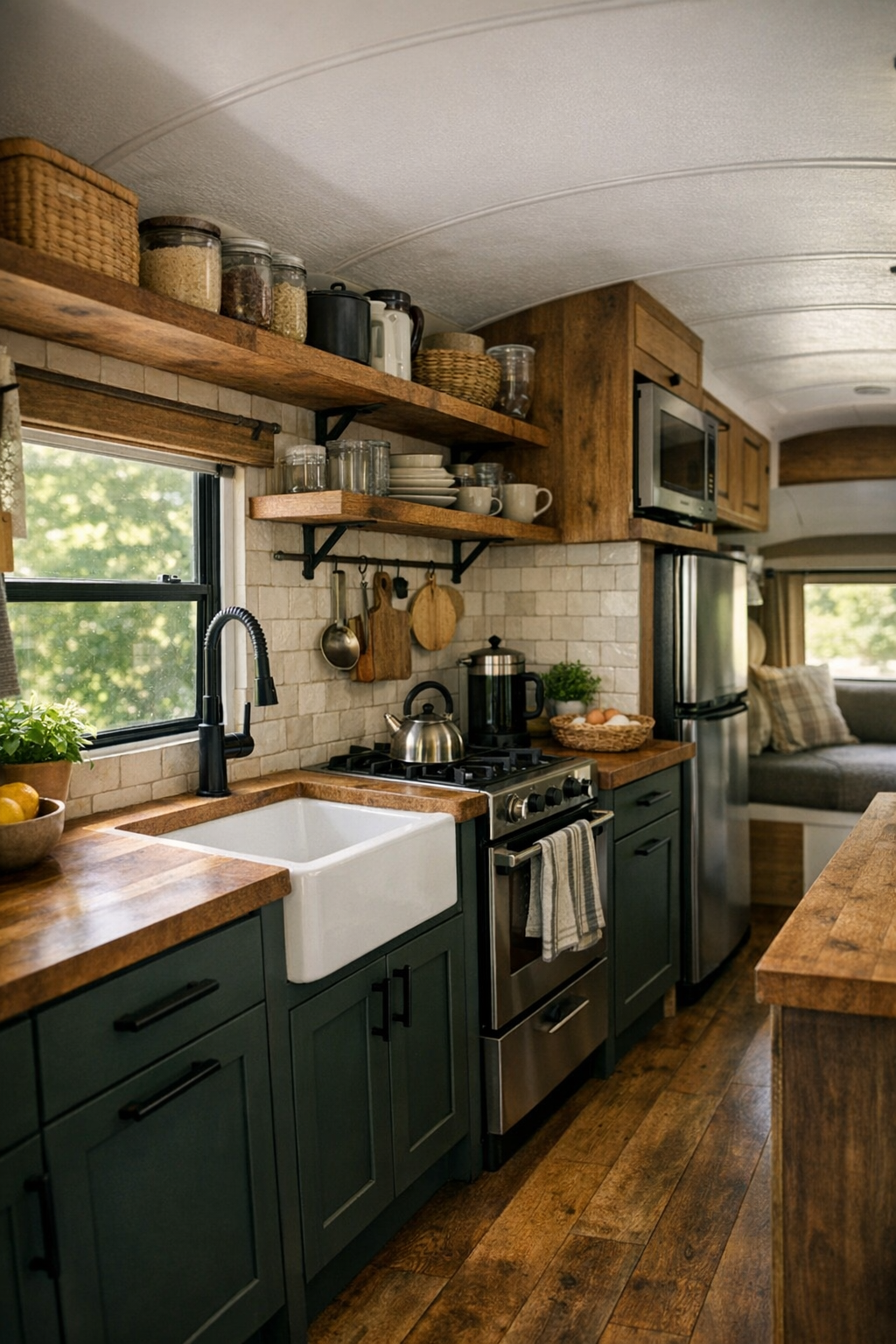 Rustic bus kitchen with butcher block counters and dark cabinetry