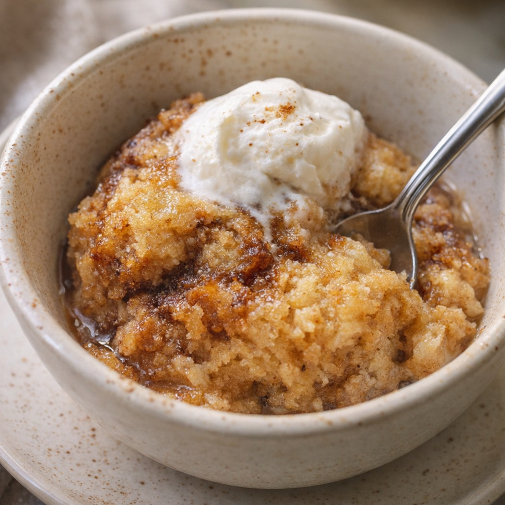 Warm scoop of chai latte cake in a bowl