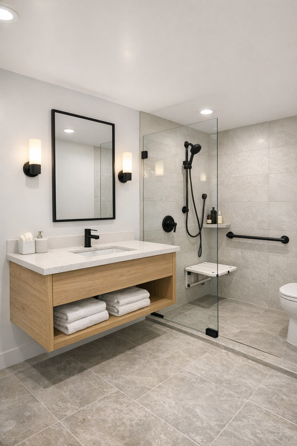 Spa-like accessible bathroom with curbless shower, light oak vanity, and stone-look tile
