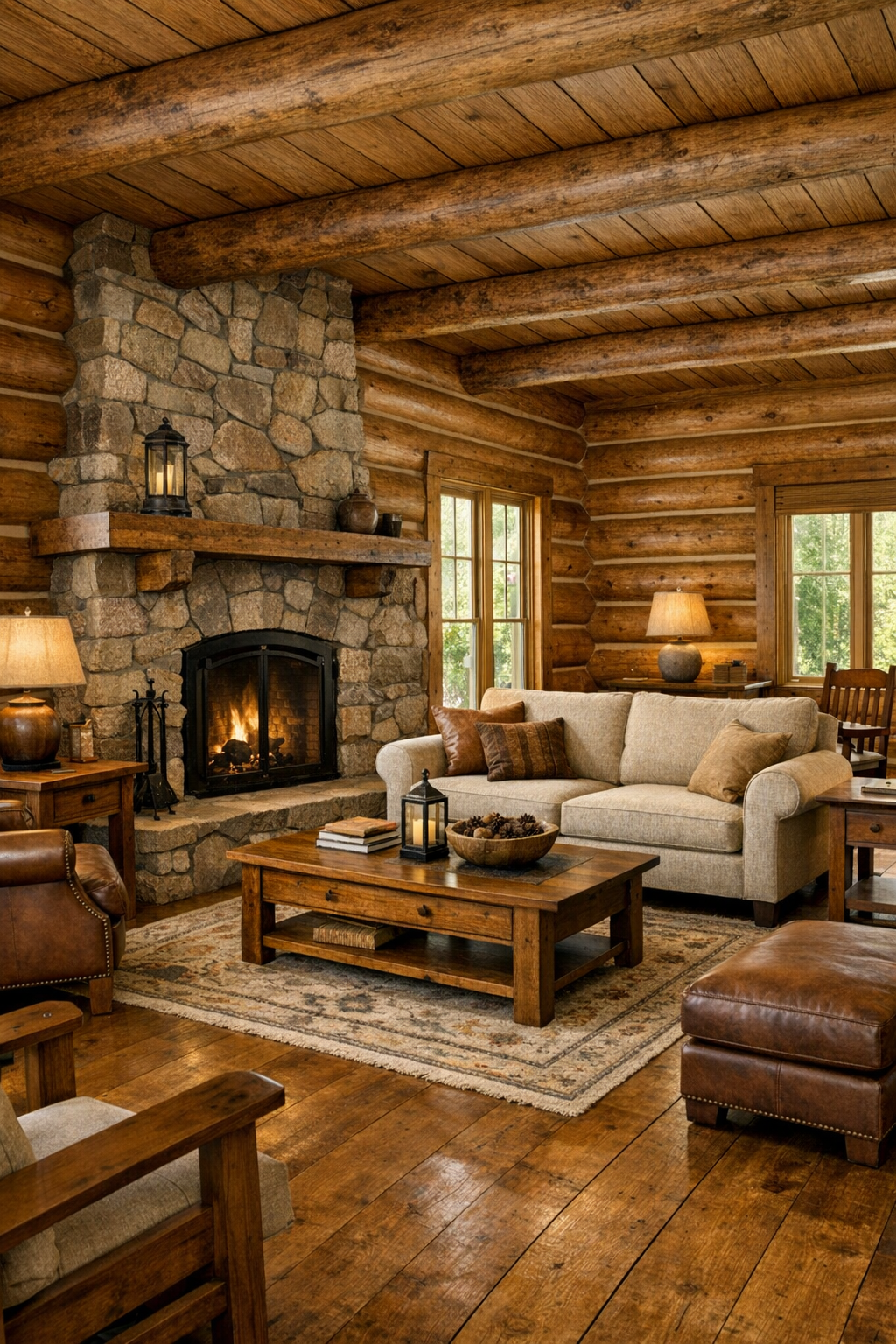 Warm log living room with Amish-crafted furniture and a stone fireplace