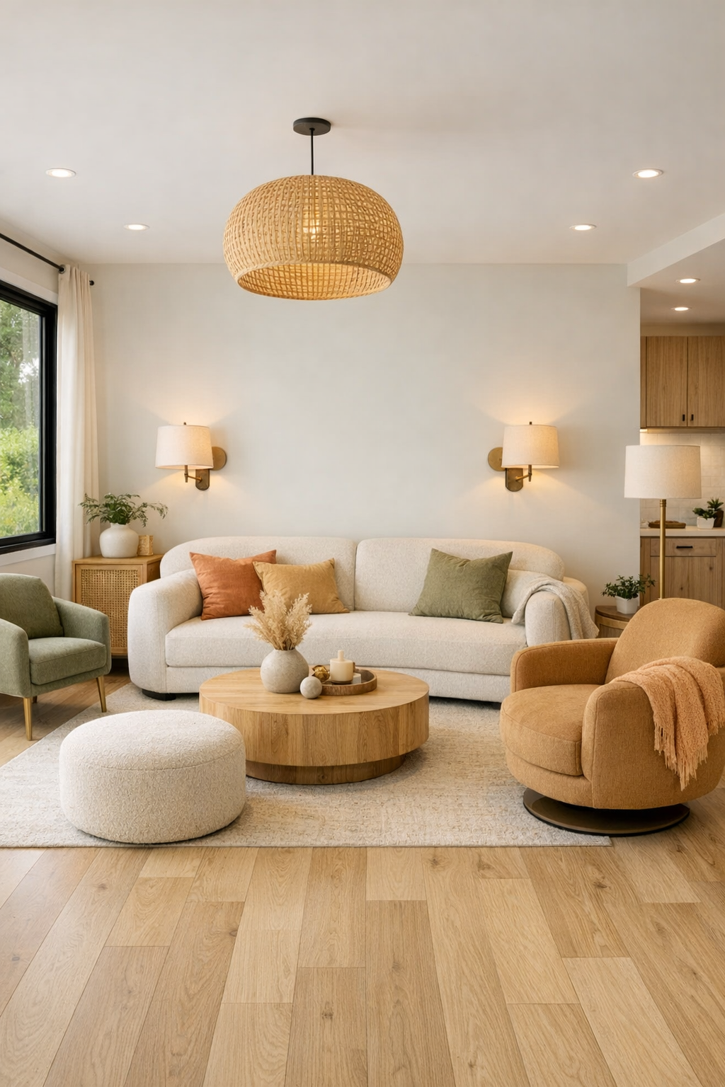 Warm accessible living room with apricot accents and pale oak flooring