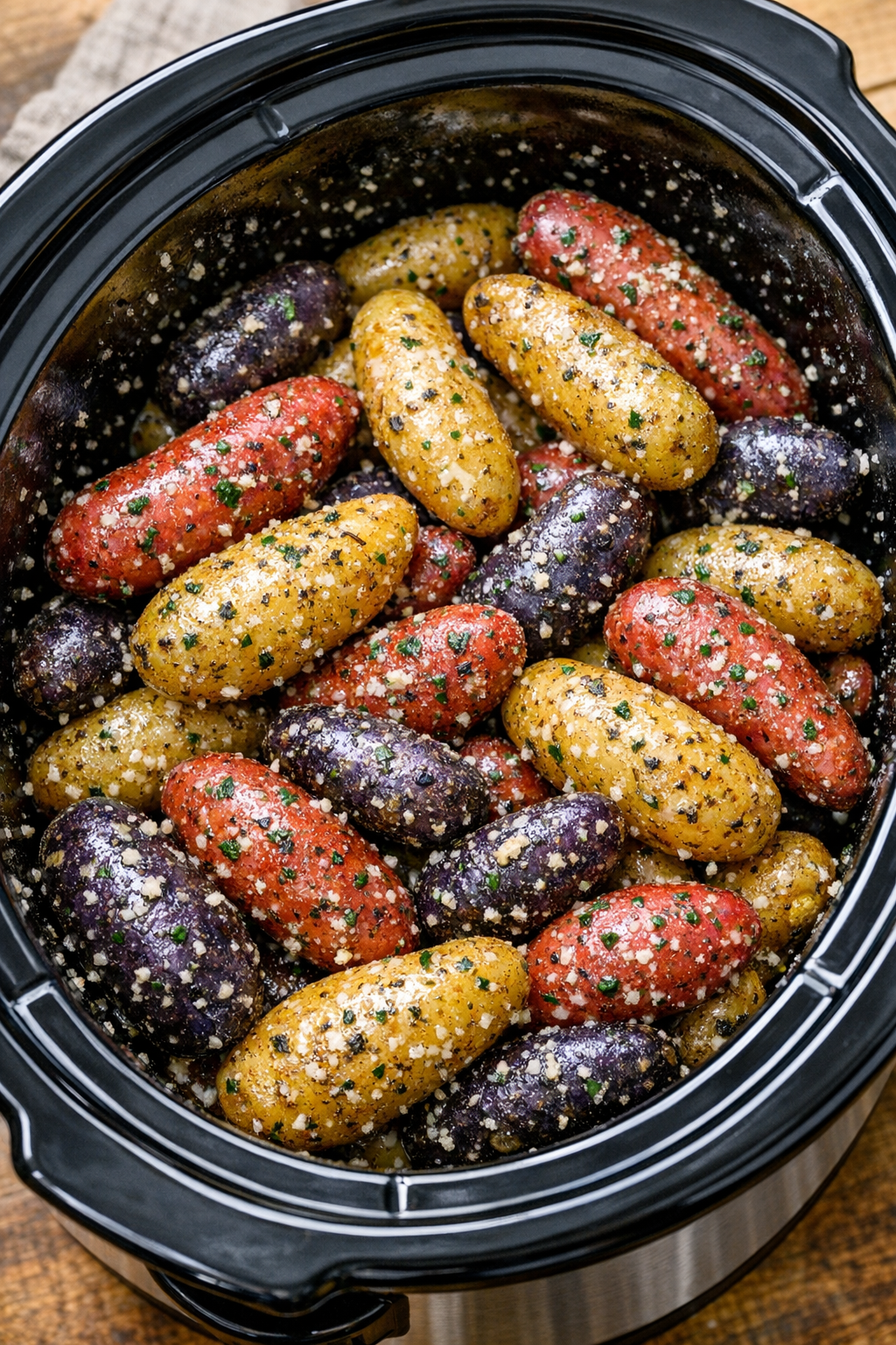 Fingerling potatoes being coated with butter and seasoning in a slow cooker