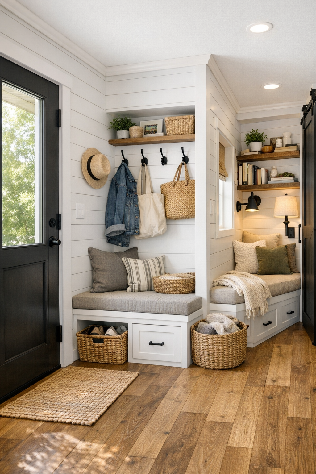 Smart farmhouse entry and hallway nook with built-in storage