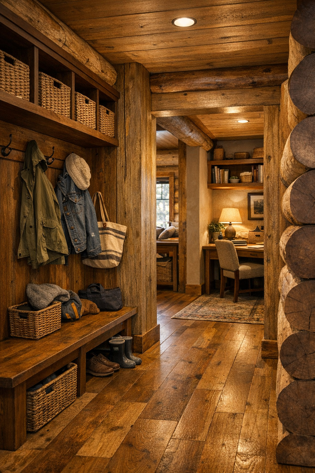 Functional entry and flex area with built-in storage, a bench, and warm rustic finishes