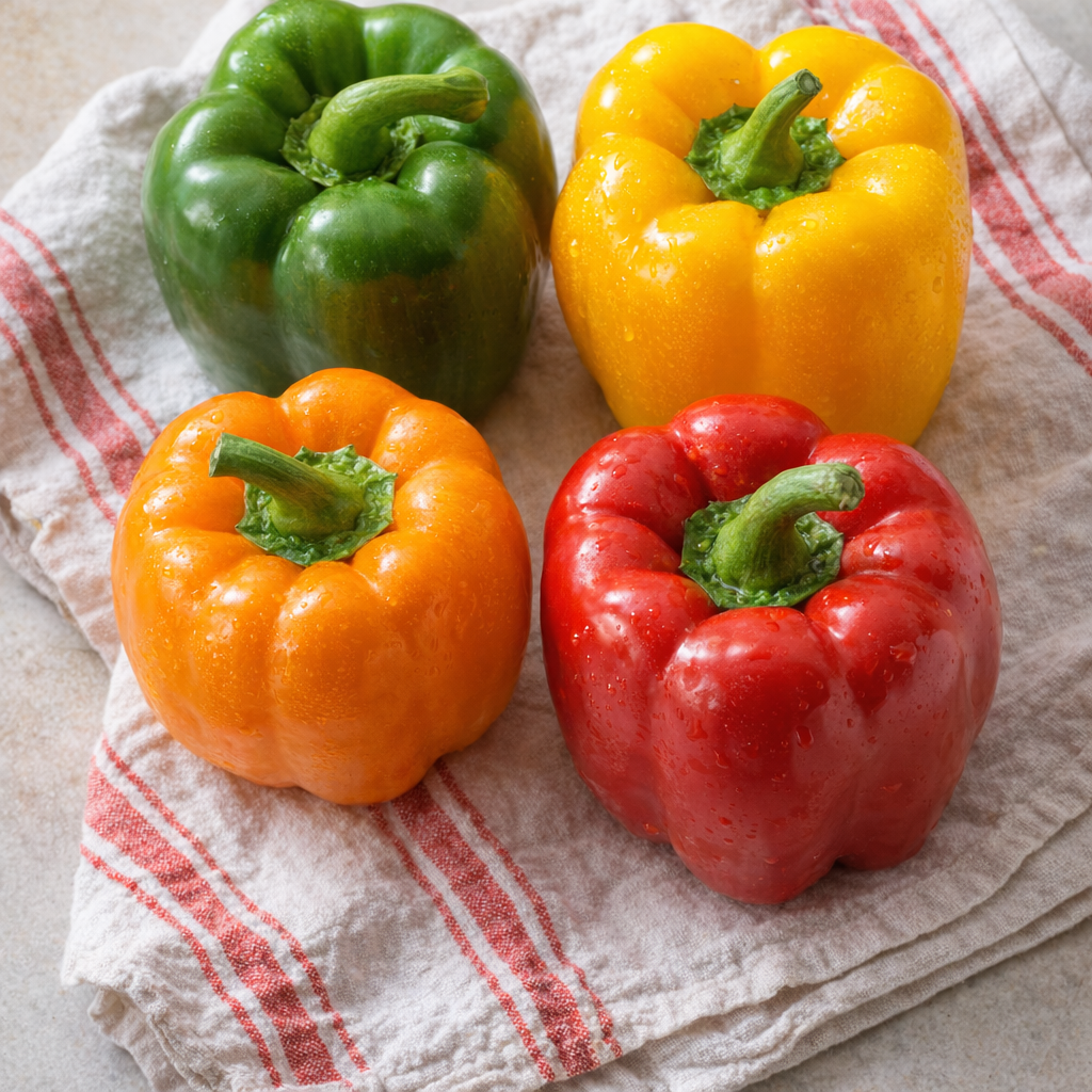 Colorful bell peppers arranged on a kitchen towel