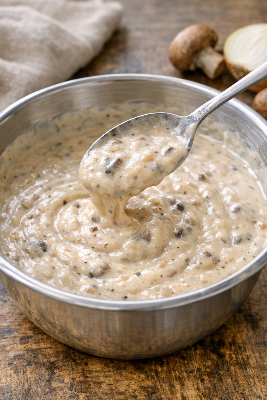 Gravy mixture stirred in a bowl