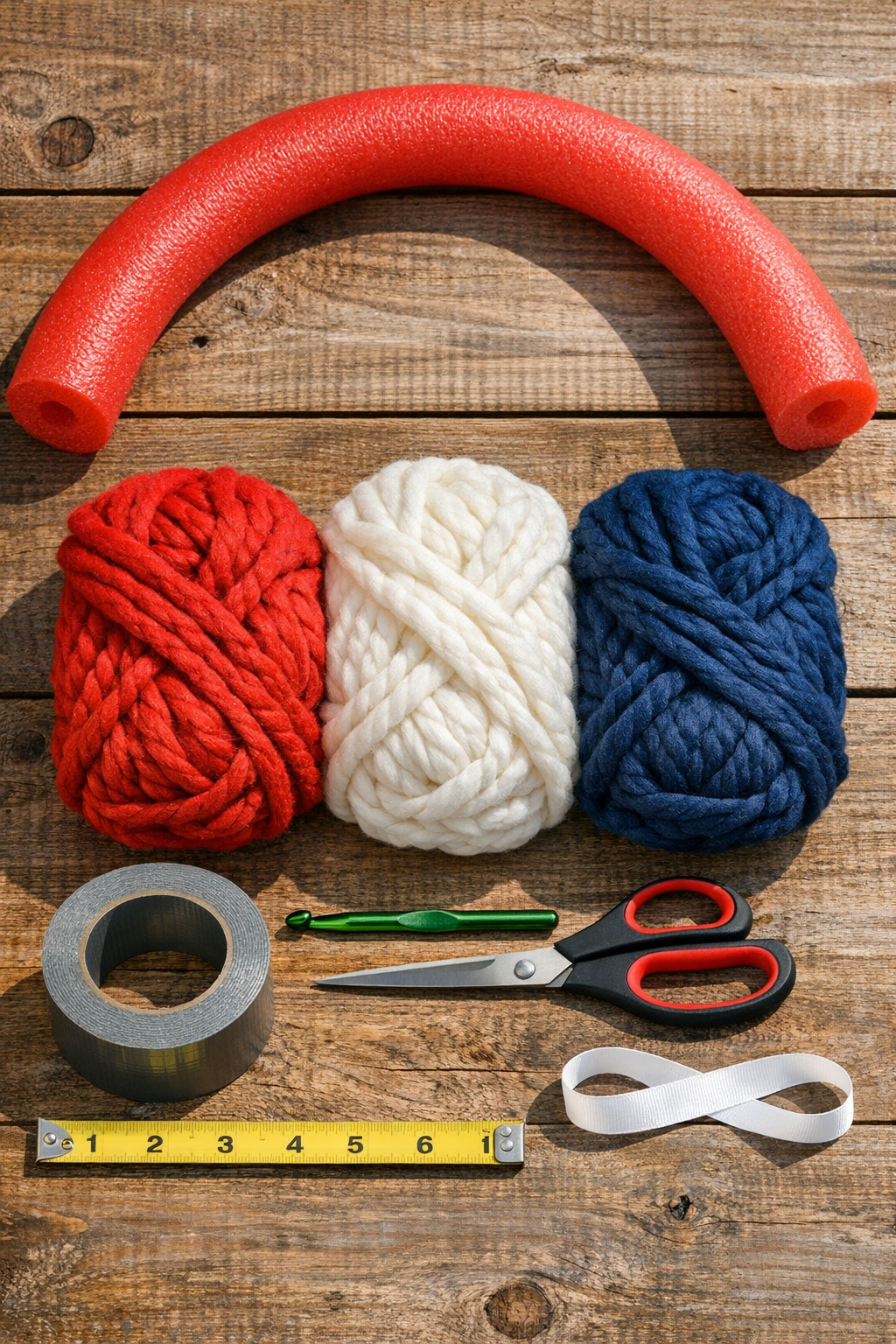 Materials for a patriotic crochet pool noodle wreath