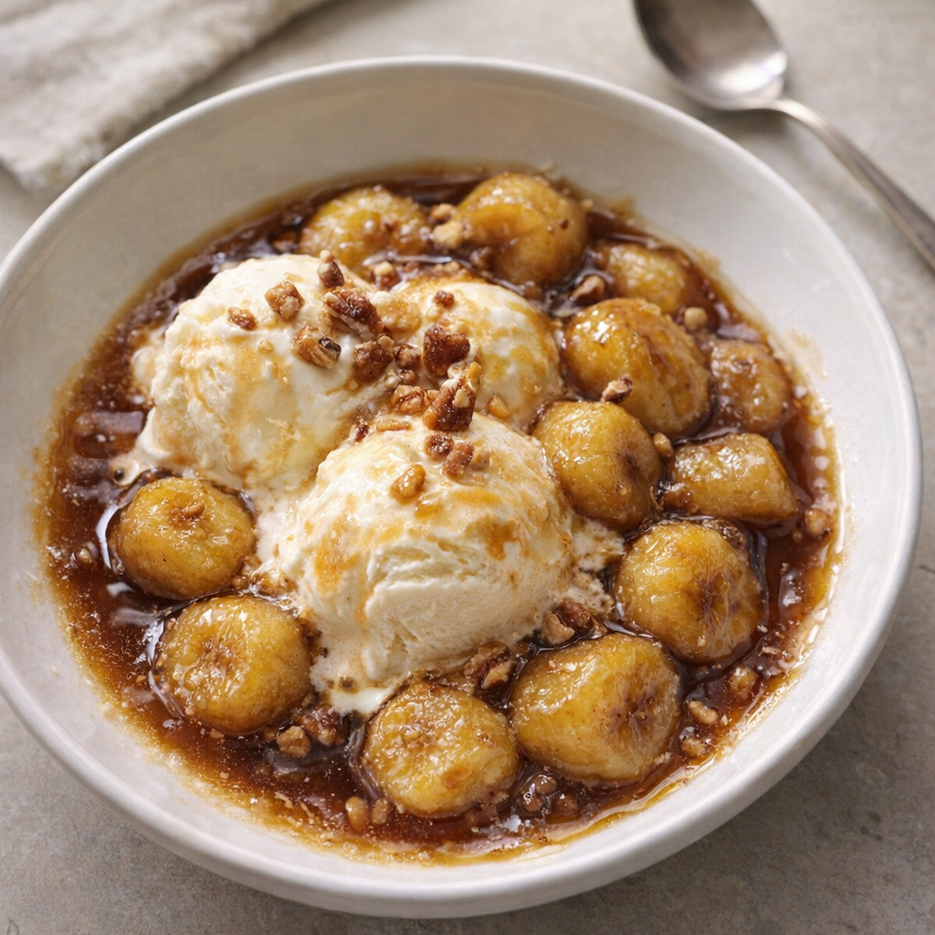 Slow cooker bananas foster served over vanilla ice cream