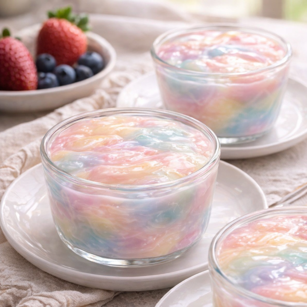 Pastel gelatin dessert served in small dishes on a spring table
