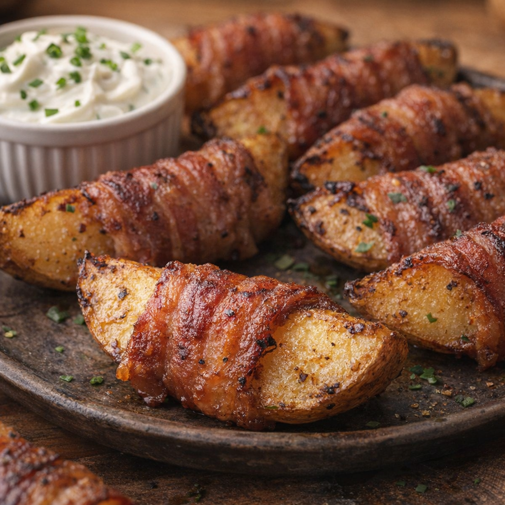 Finished potato wedges with sour cream dip