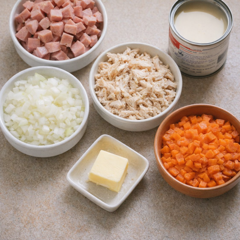 Variation ingredients for the soup on a countertop