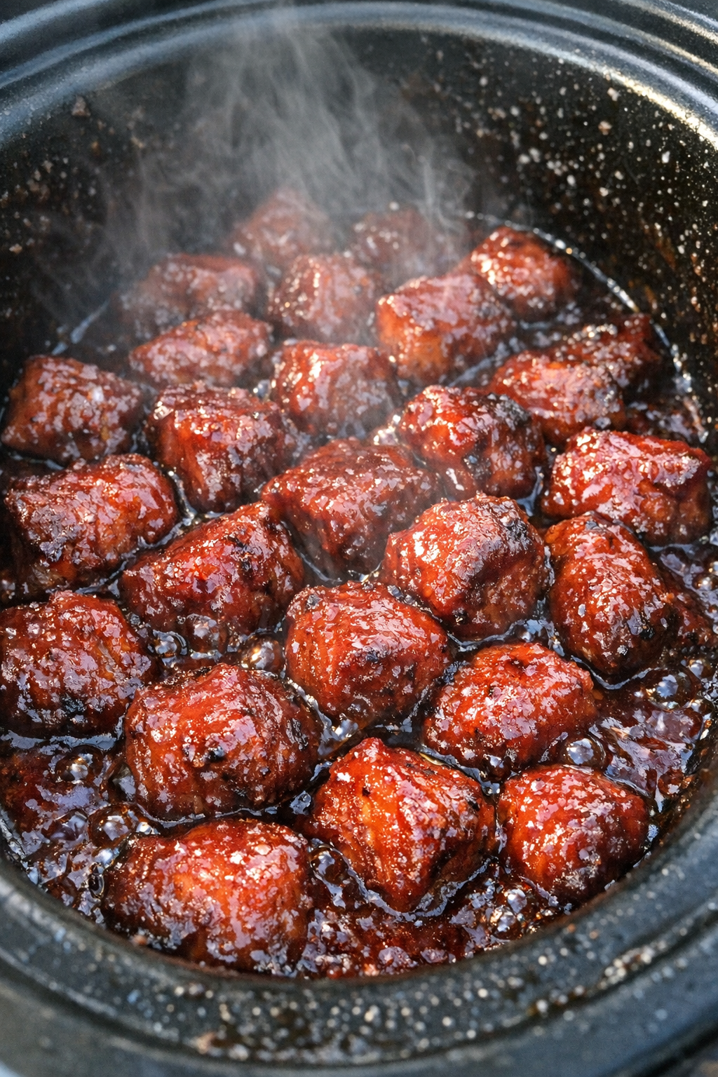 Slow cooker pork nuggets in thick crimson glaze