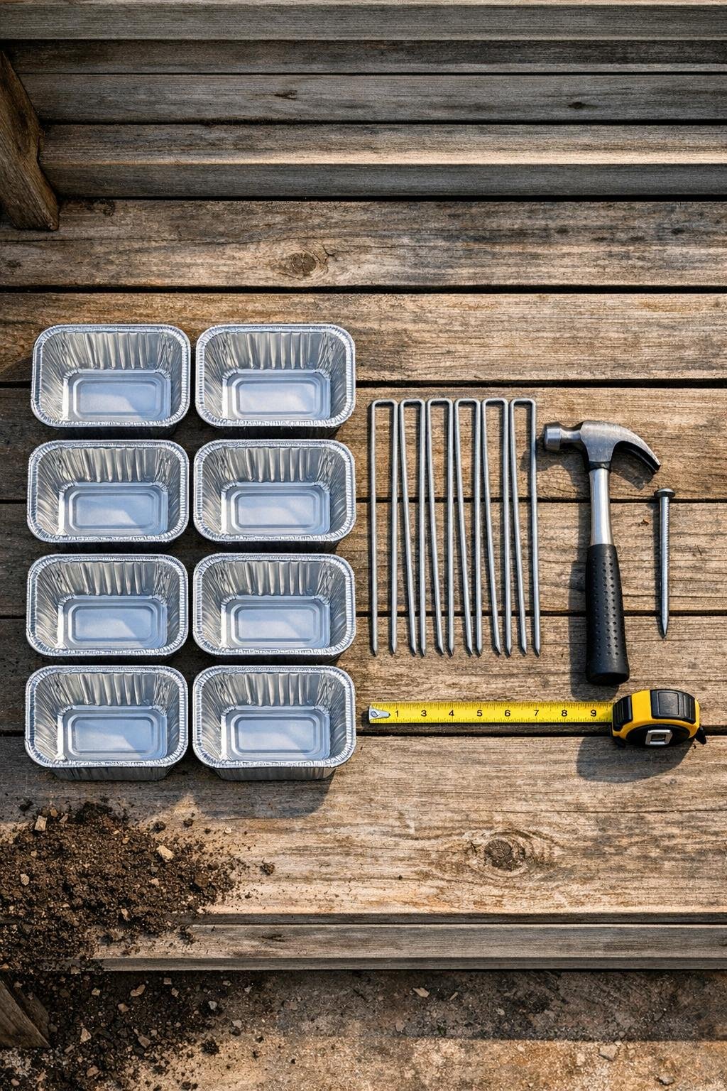 Materials for making aluminum loaf pan garden bed cover anchors laid out on a potting bench