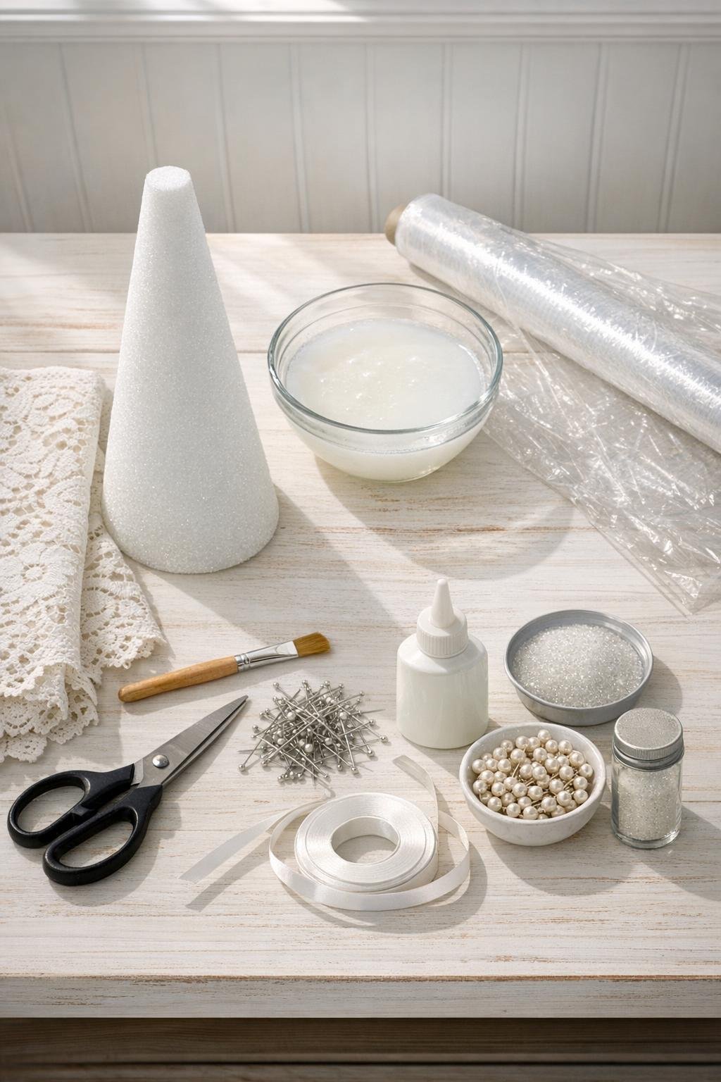 Materials for making a starched lace tabletop tree laid out neatly