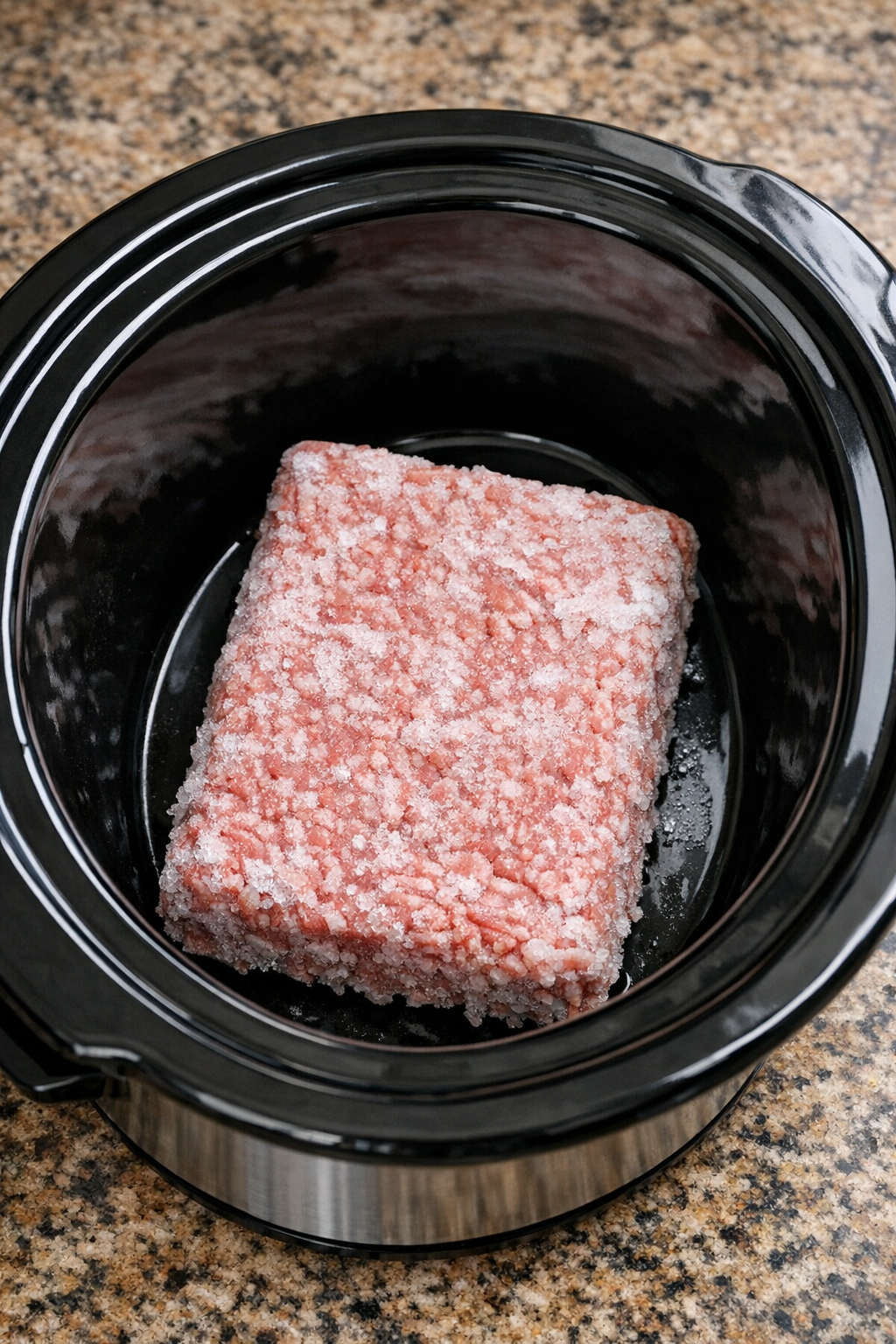 Frozen ground beef placed in the bottom of a slow cooker