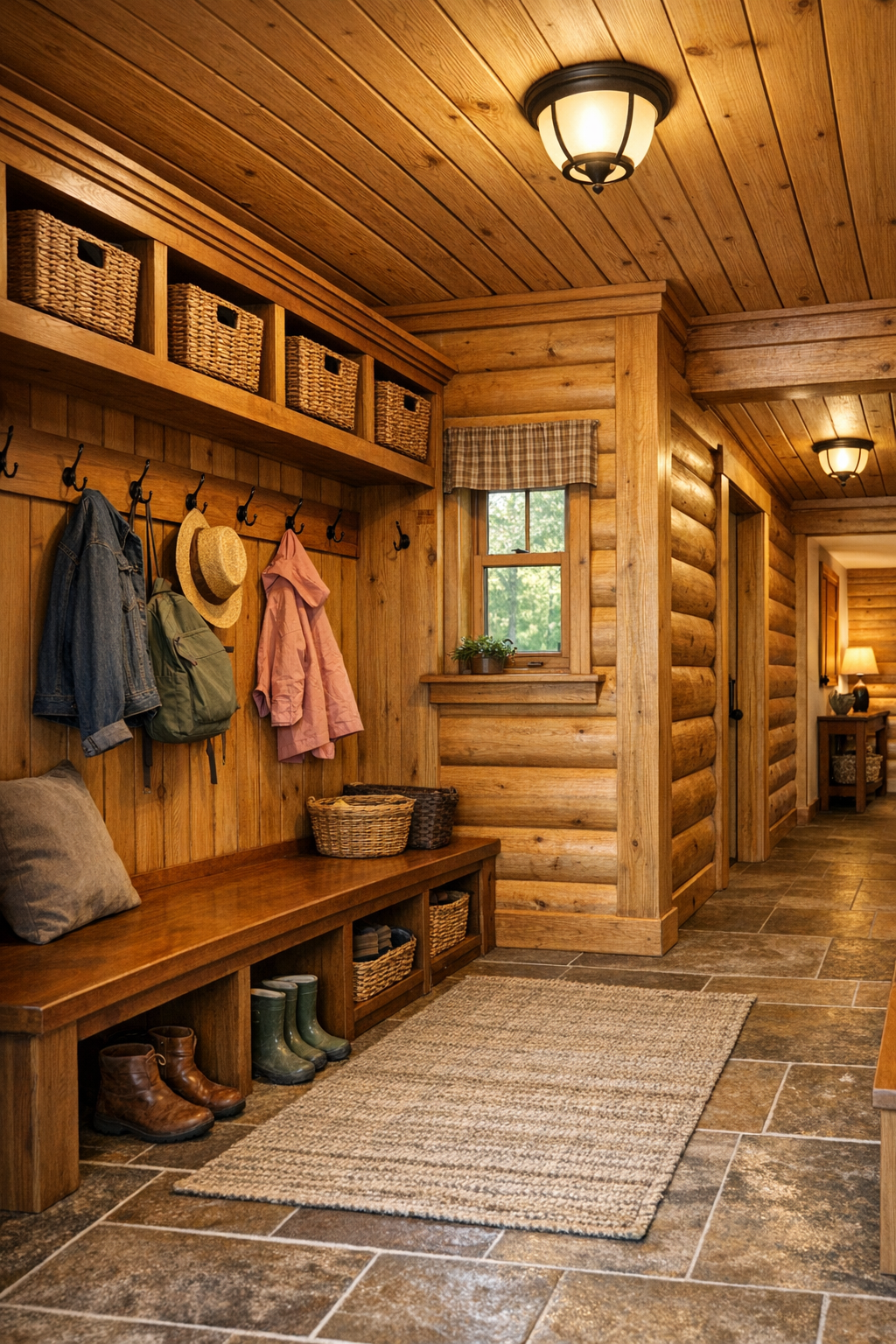 Welcoming mudroom and hallway with built-in bench and rustic storage