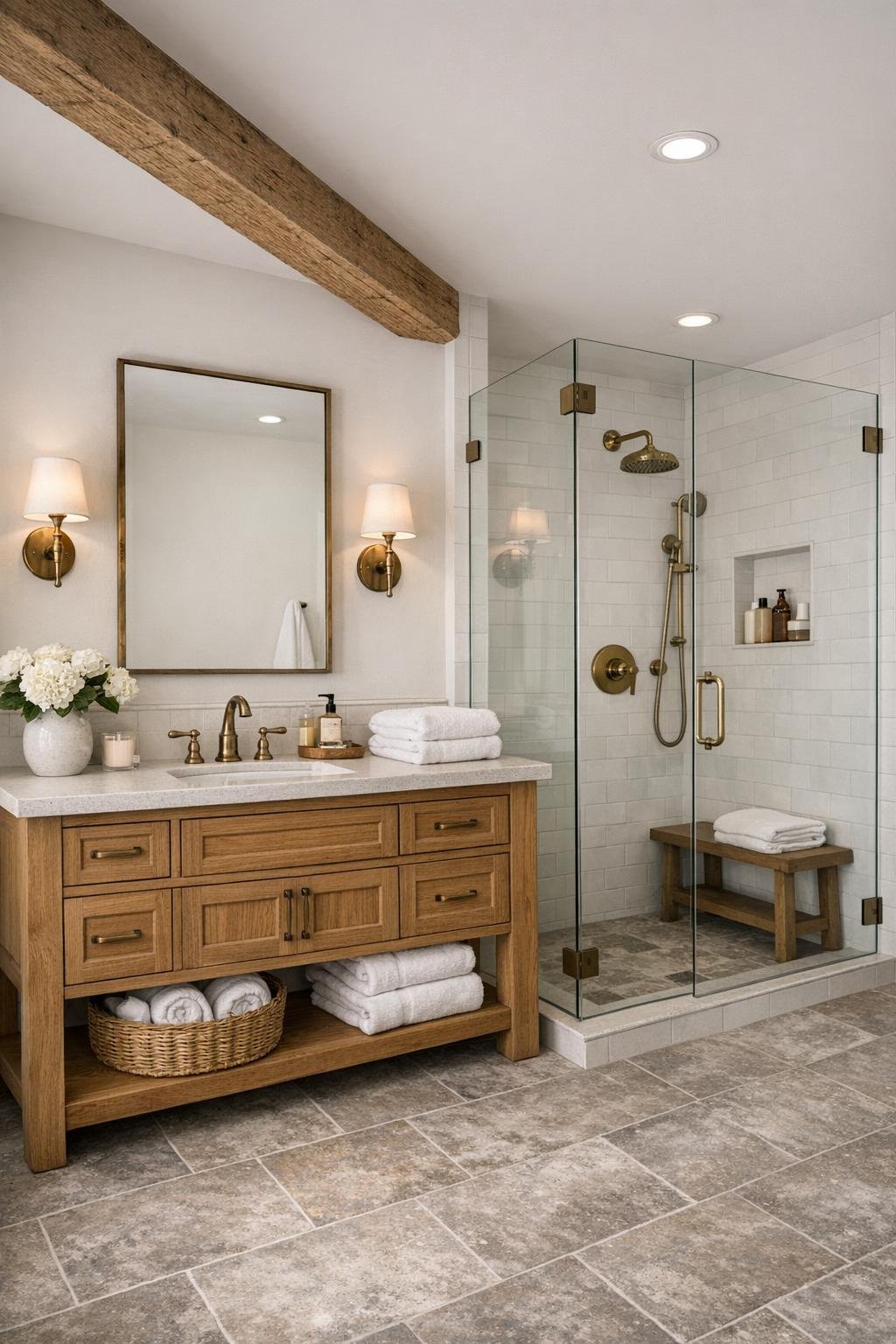 Farmhouse bathroom with oak vanity, stone tile, and walk-in shower