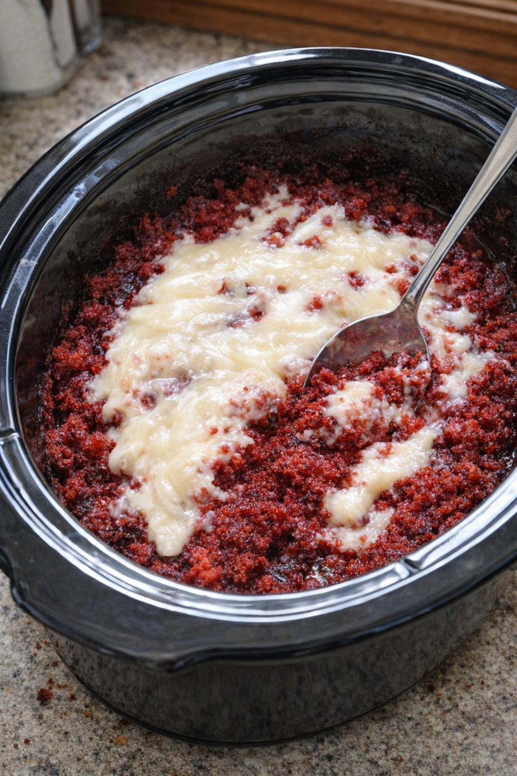 Slow cooker red velvet dump cake served warm in a casual kitchen