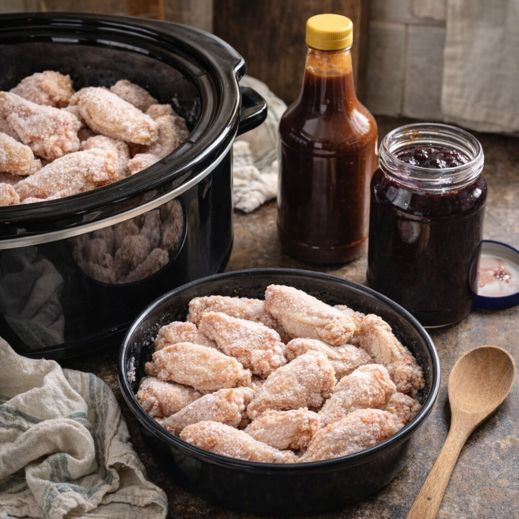 Slow cooker wings ingredients on a rustic kitchen counter
