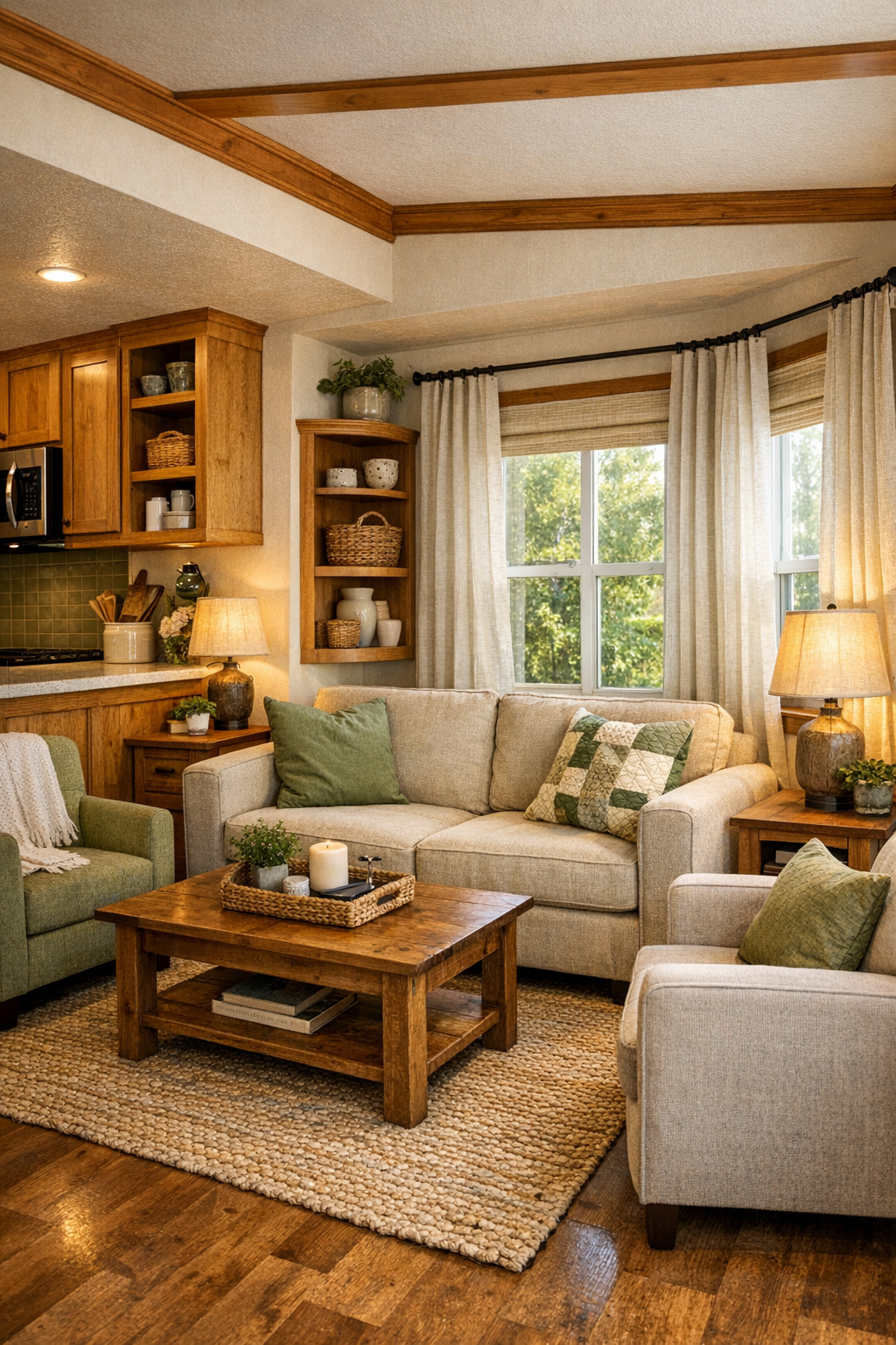Craftsman style living room with warm wood trim and soft neutral seating