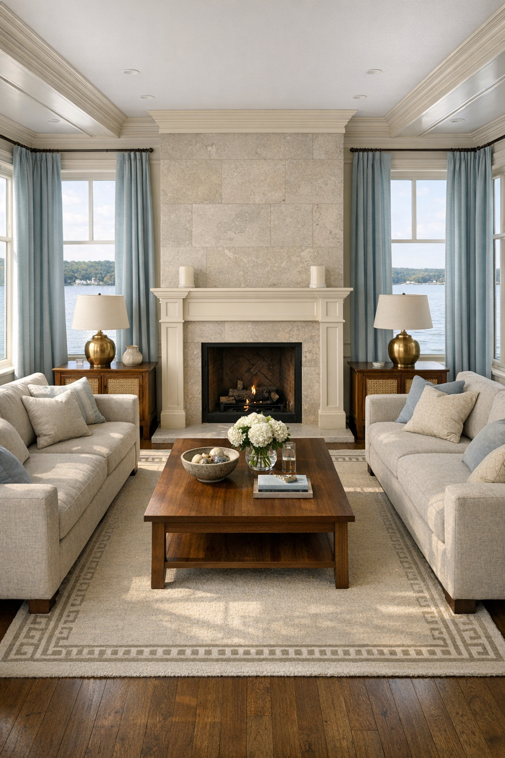 Accessible Greek Revival houseboat living room with ivory millwork and blue accents