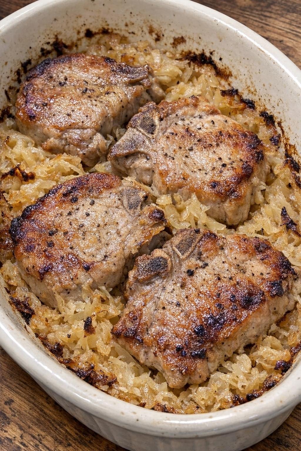 Baked pork chops with sauerkraut in a casserole dish