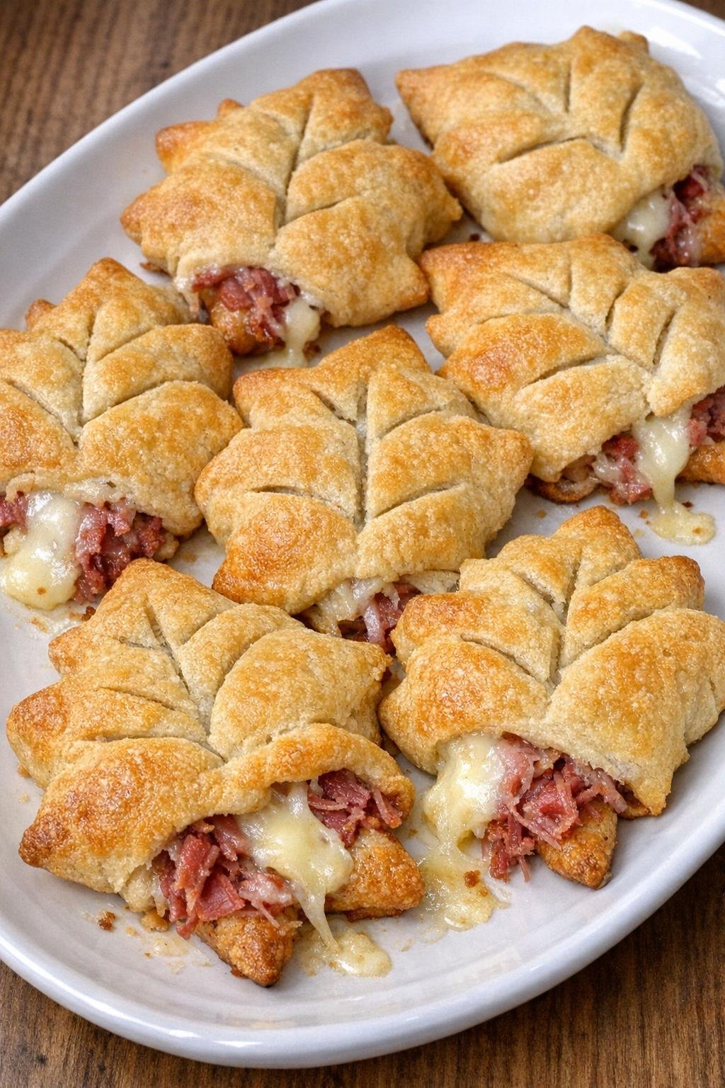 Golden brown crescent dough leaves filled with corned beef and melted Dubliner cheese on a white platter