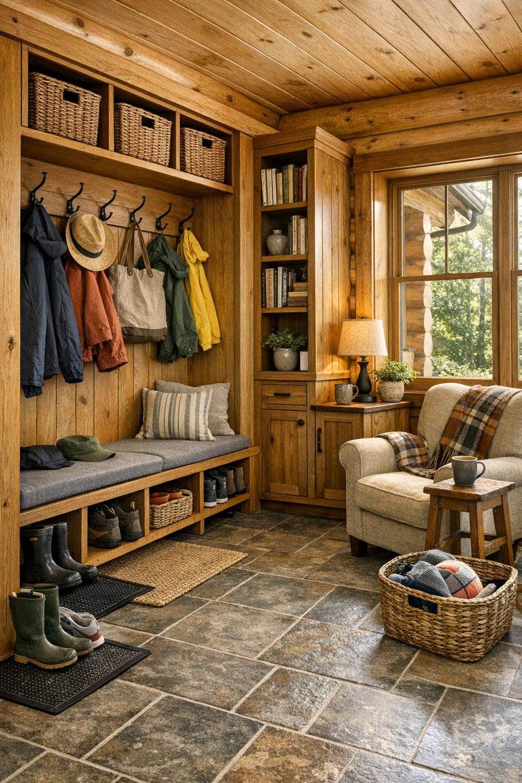 Functional mudroom and nook area with built-ins, bench seating, and warm wood details