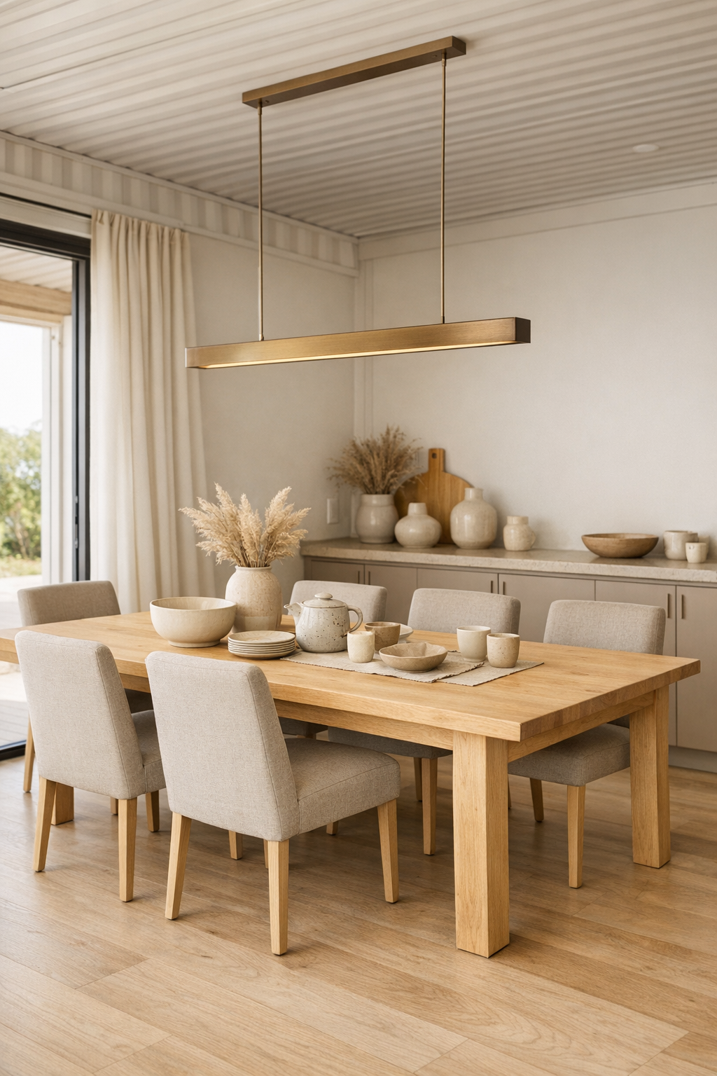 Inviting dining room with light wood table, flax chairs, and bronze pendant lighting