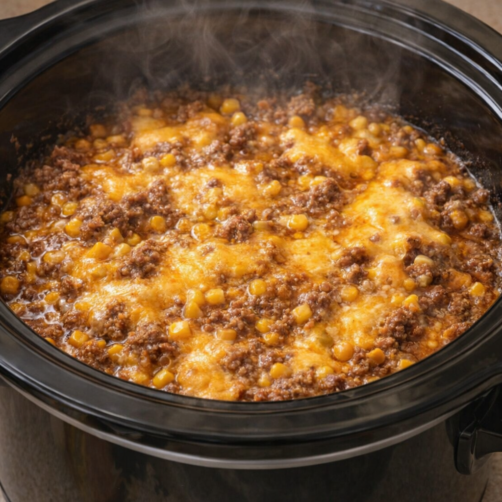 Finished beef and corn casserole with melted cheddar in the slow cooker