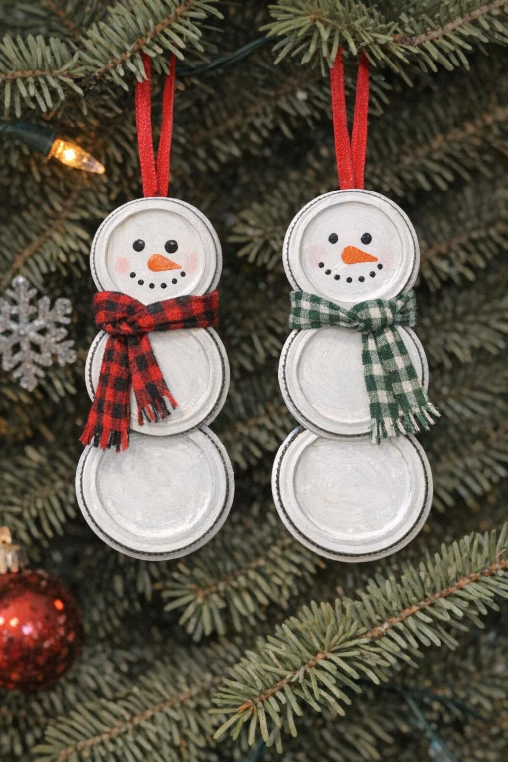 Snowman ornaments made from painted mason jar lids