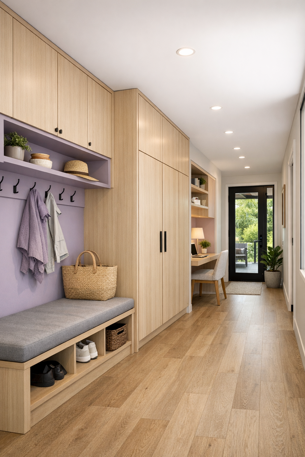 Bright hallway and entry area with built-in storage, bench seating, and pale wood details