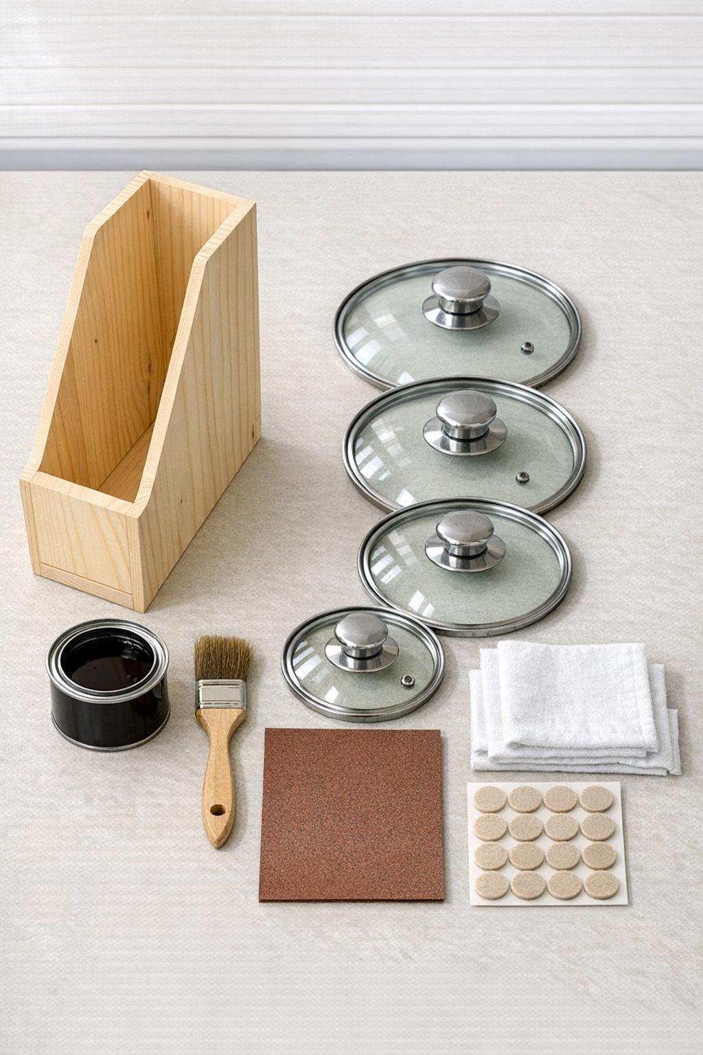 Wooden magazine holder, stain, brush, sandpaper, cloth, felt pads, and pot lids laid out for the project