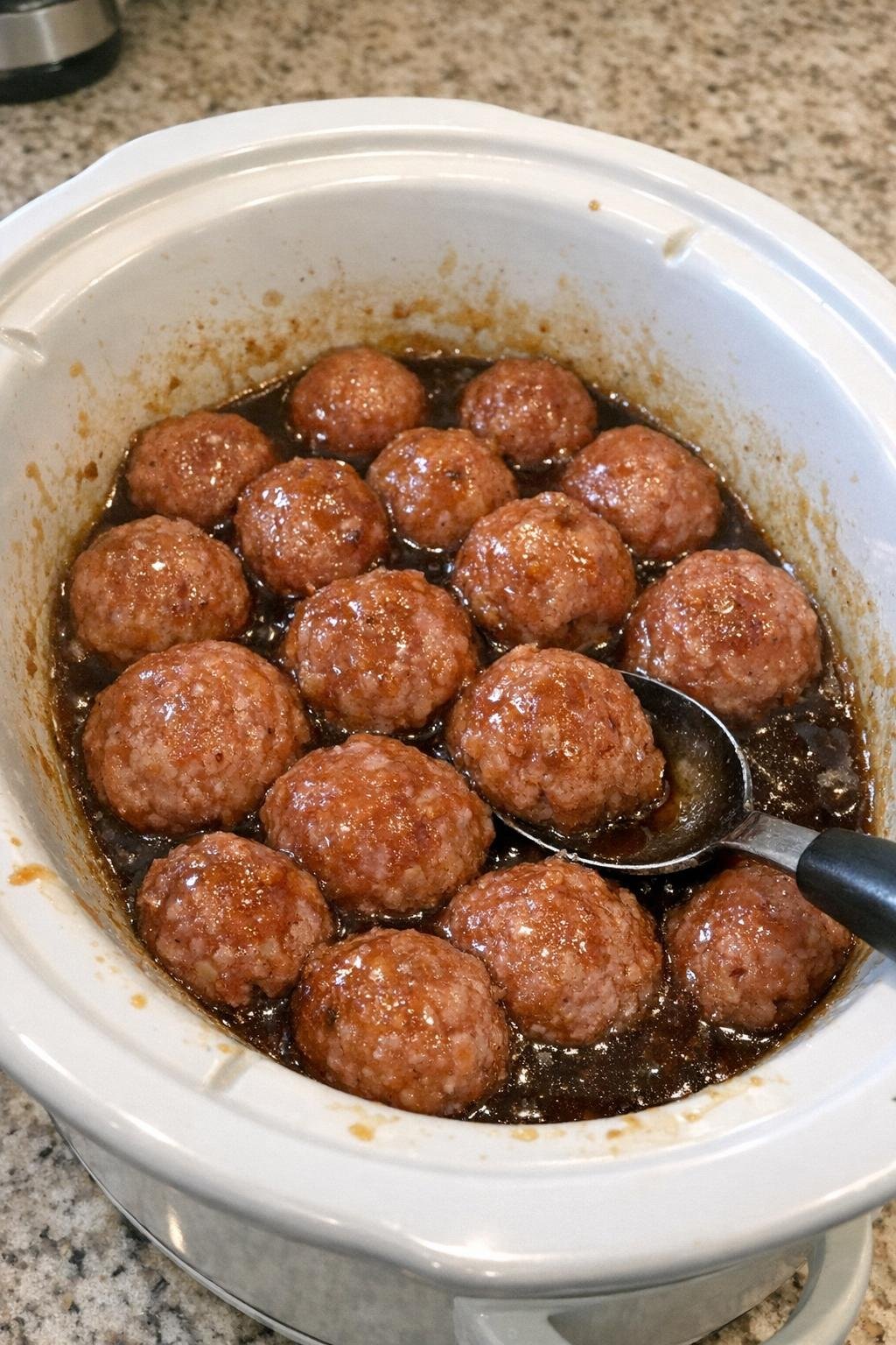 Slow cooker dish in a white insert on a kitchen counter
