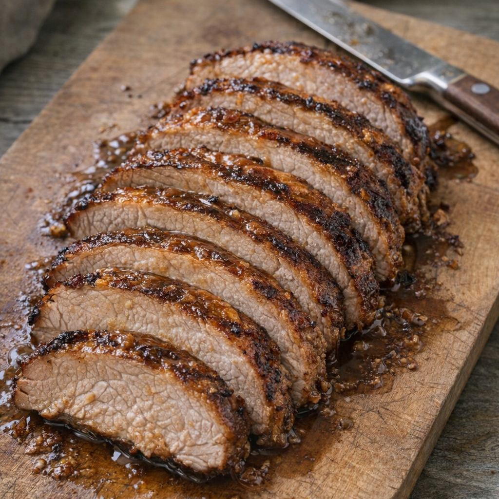 Cooked pork roast sliced on a wooden cutting board