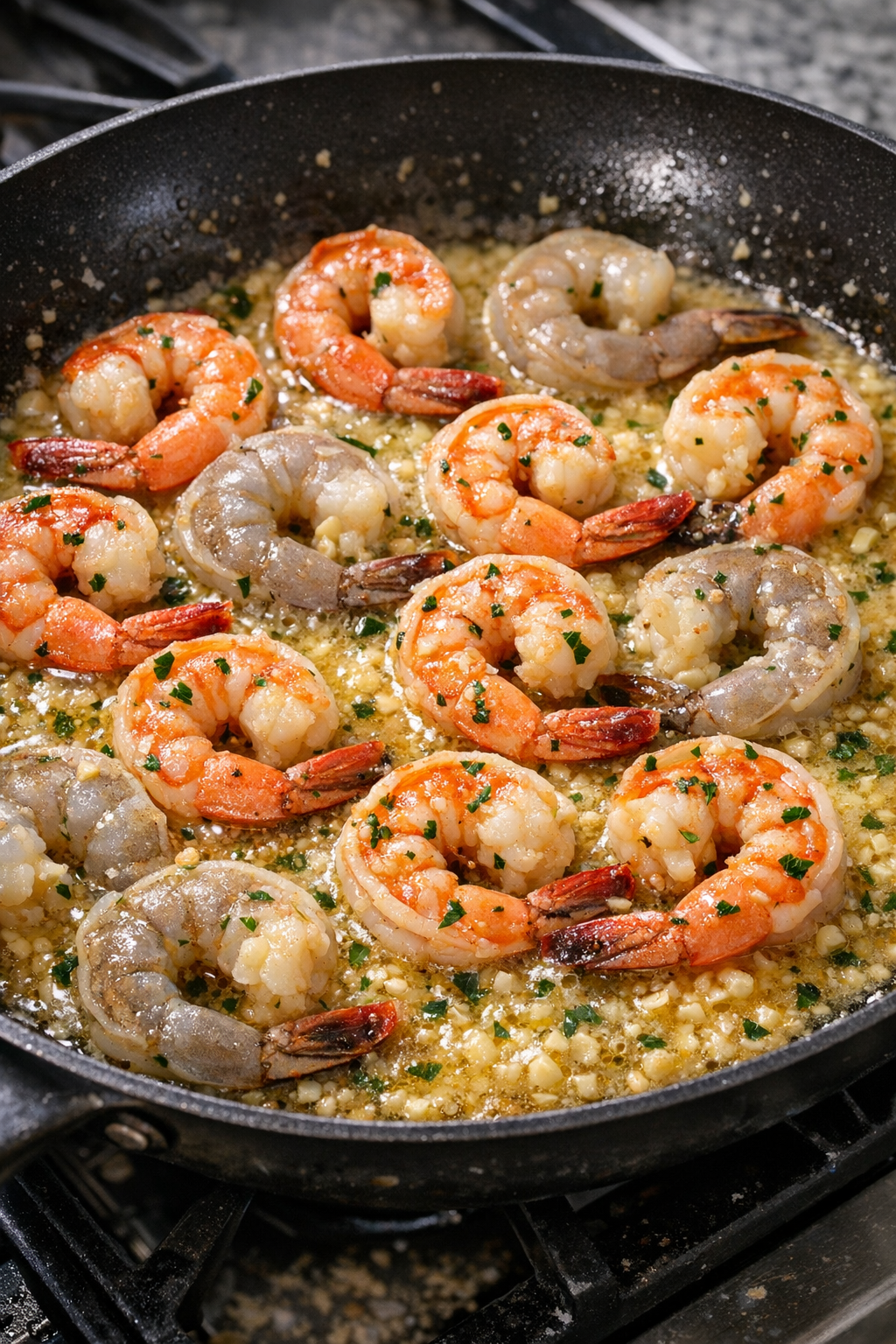 Shrimp turning pink in garlic butter