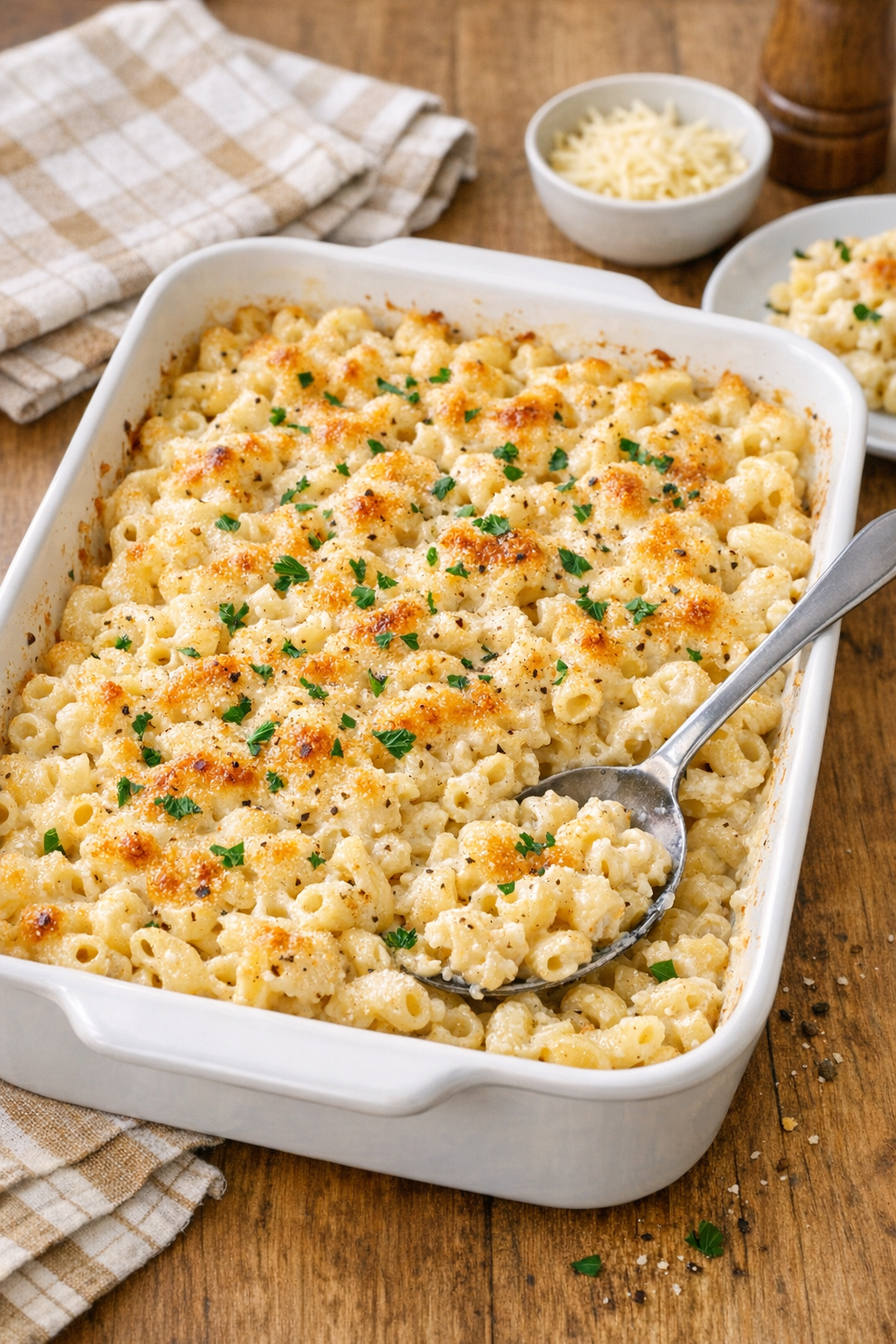 Finished baked peppercorn ranch macaroni in a casserole dish