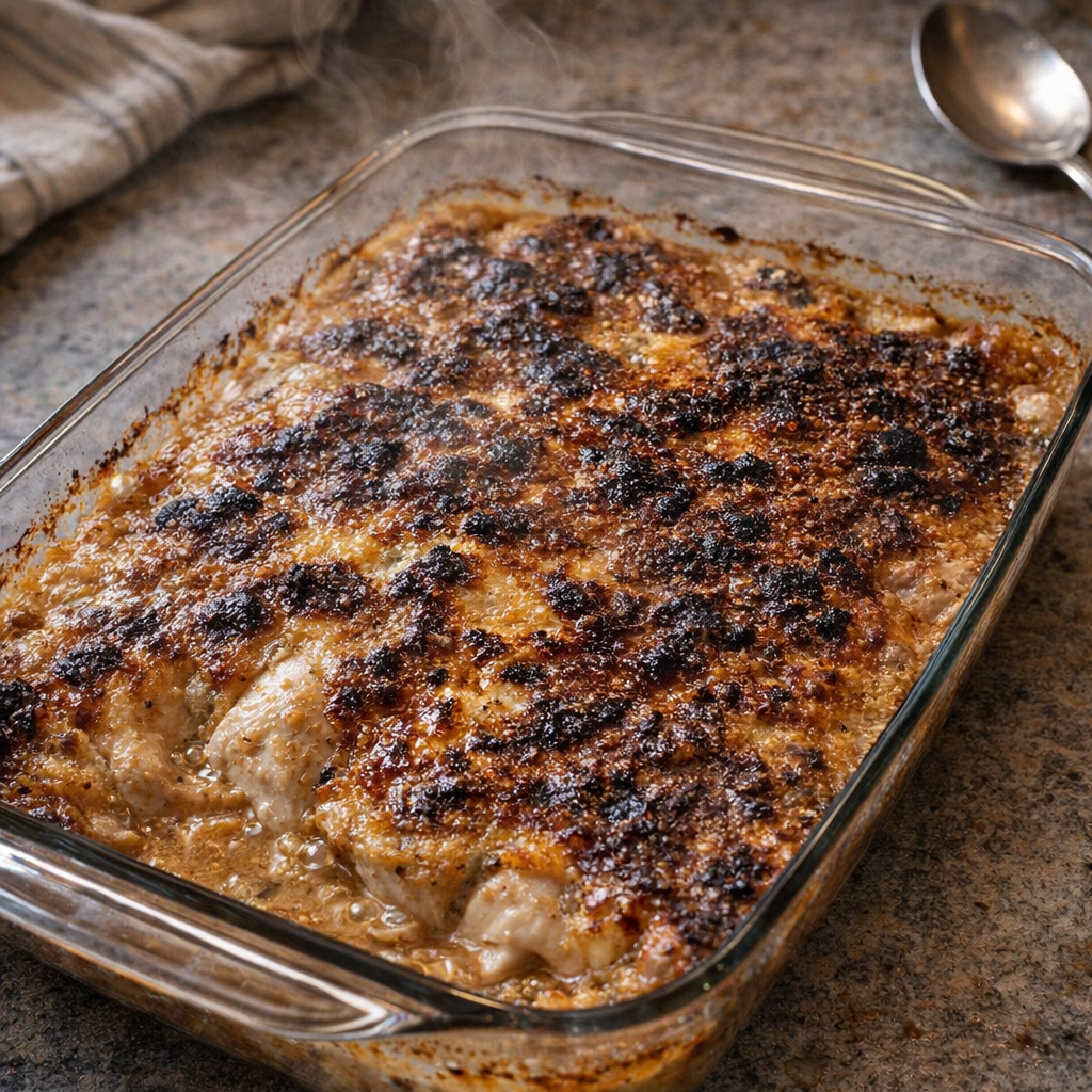 Glass casserole of golden baked chicken on a kitchen counter