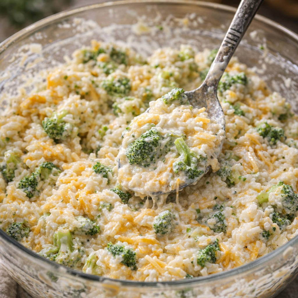 Broccoli rice casserole mixture in a mixing bowl