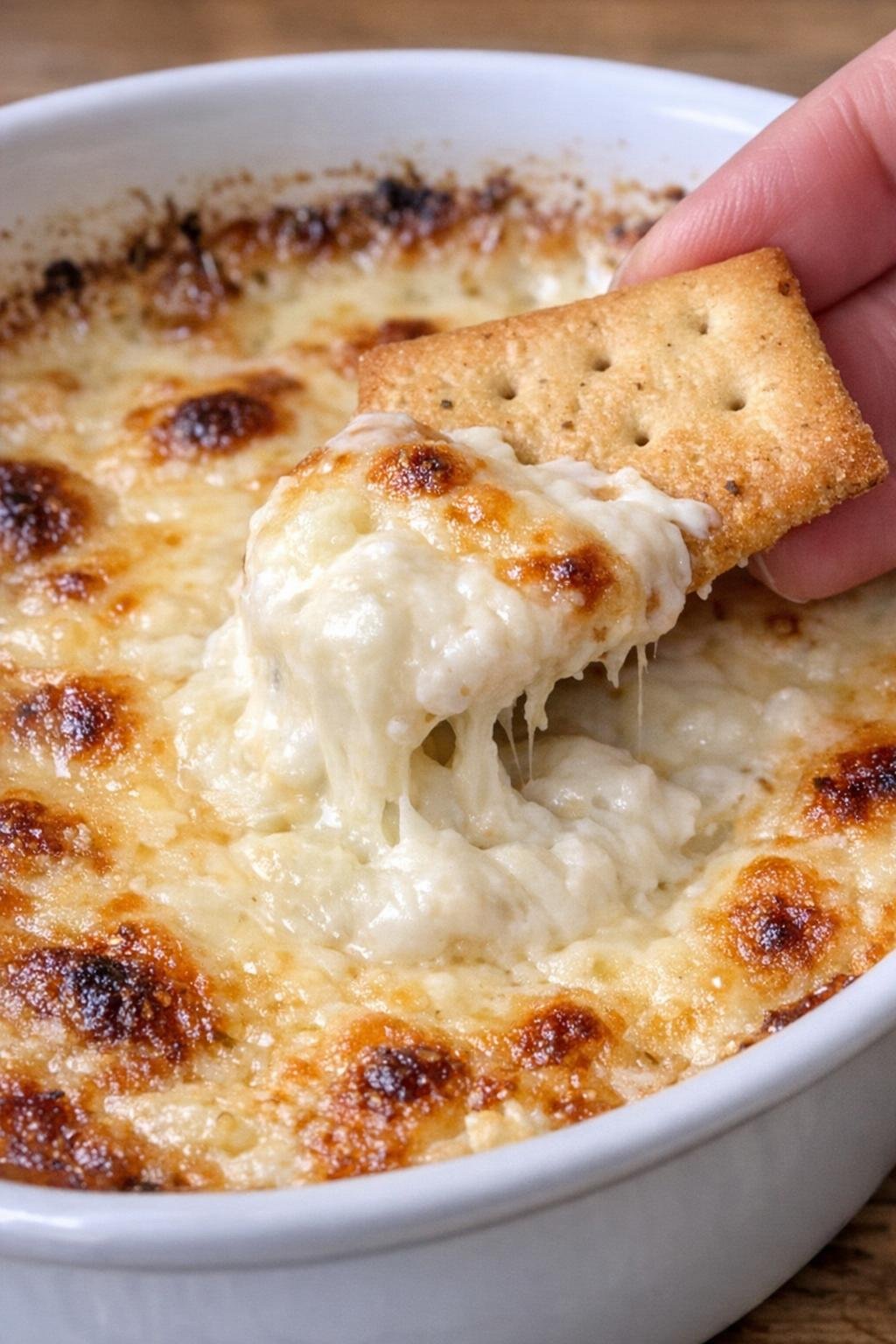 Provolone Vance dip in a white casserole dish with a cracker scooping some up
