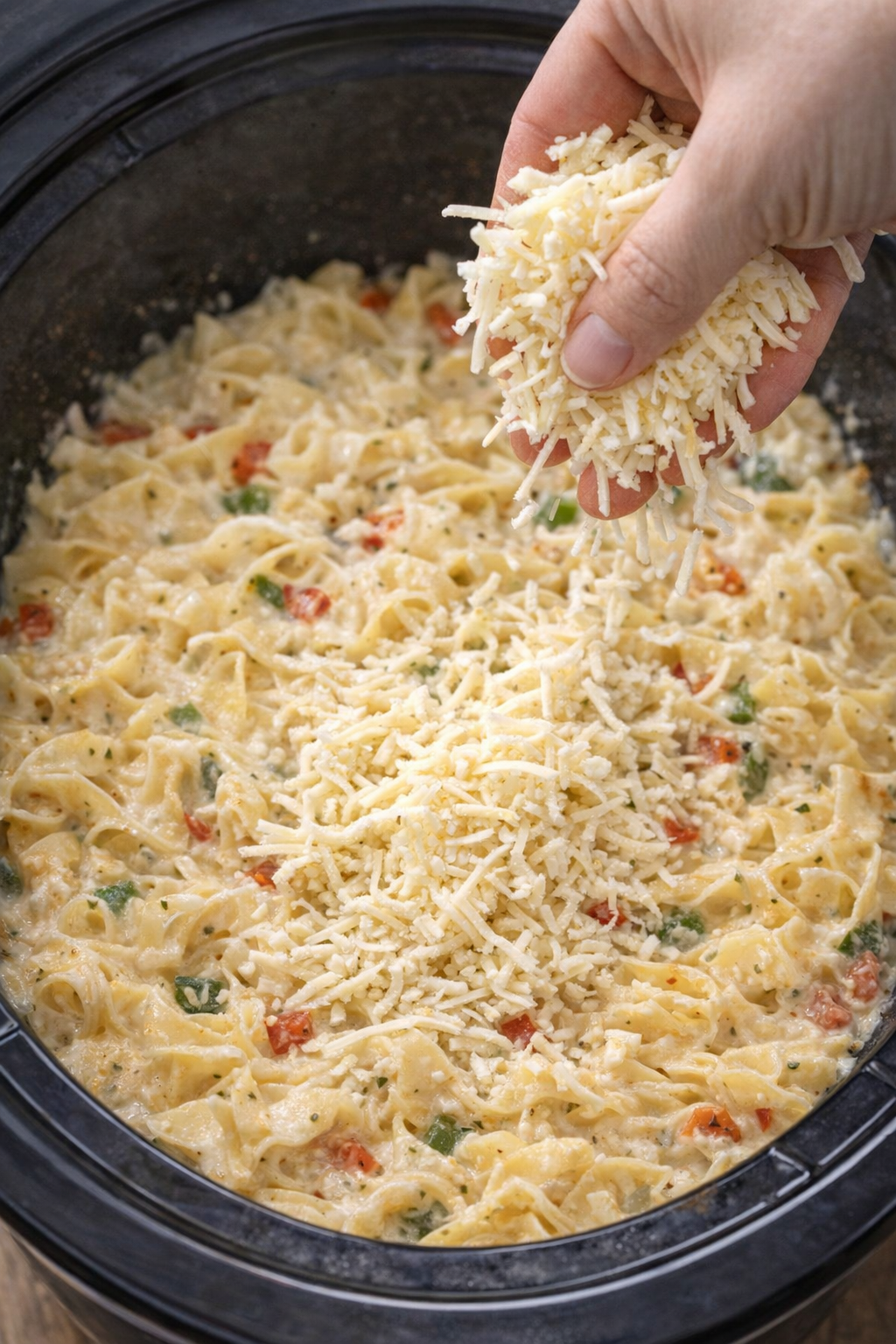 Pepper jack cheese sprinkled over noodles